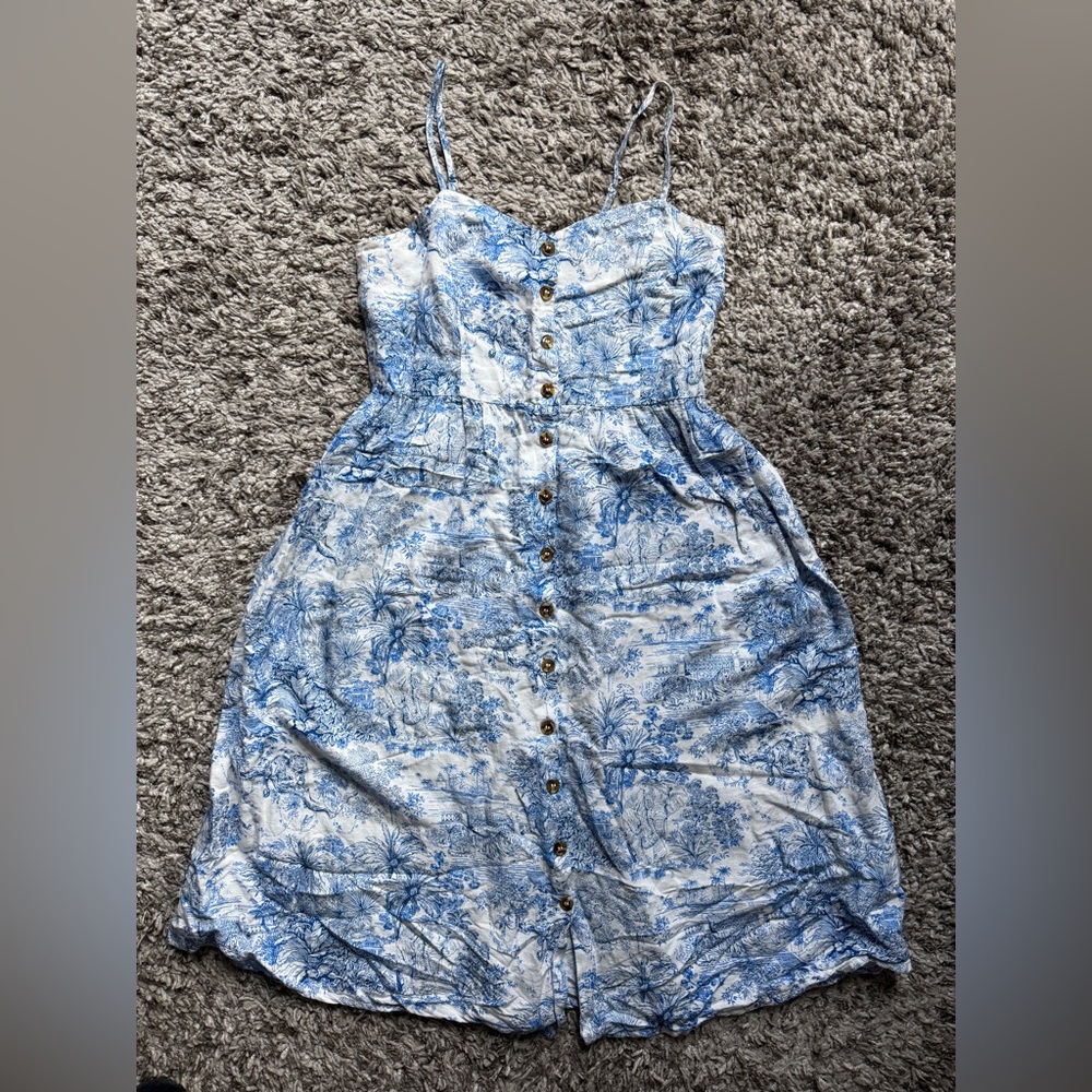 H&M Toile Linen Button Down Front Midi Smocked A-Line Dress US 8 U.K. 12 Blue